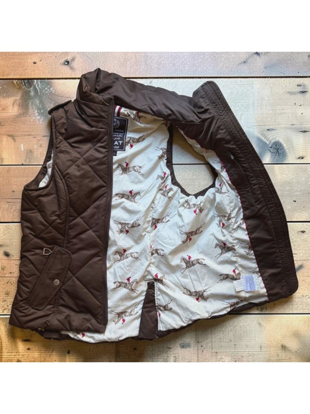Ariat Quilted Riding Barn Vest Brown Equestrian Horse Print Lining Womens Small